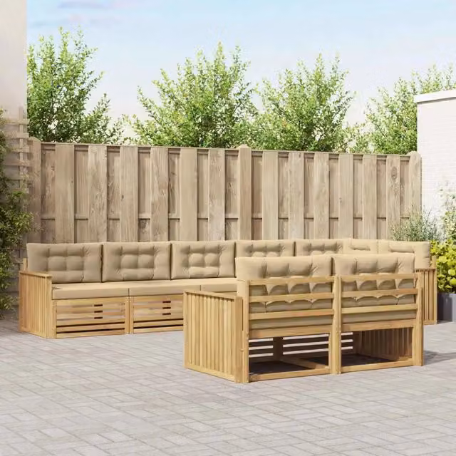 Set di divani da esterno a L vidaXL in legno di acacia con cuscini, Bianco e Beige – 1