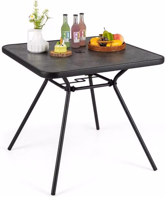 Tavolo da pranzo da esterno Design Mania in acciaio verniciato a polvere con piano pieghevole e foro per ombrello, Nero o Grigio