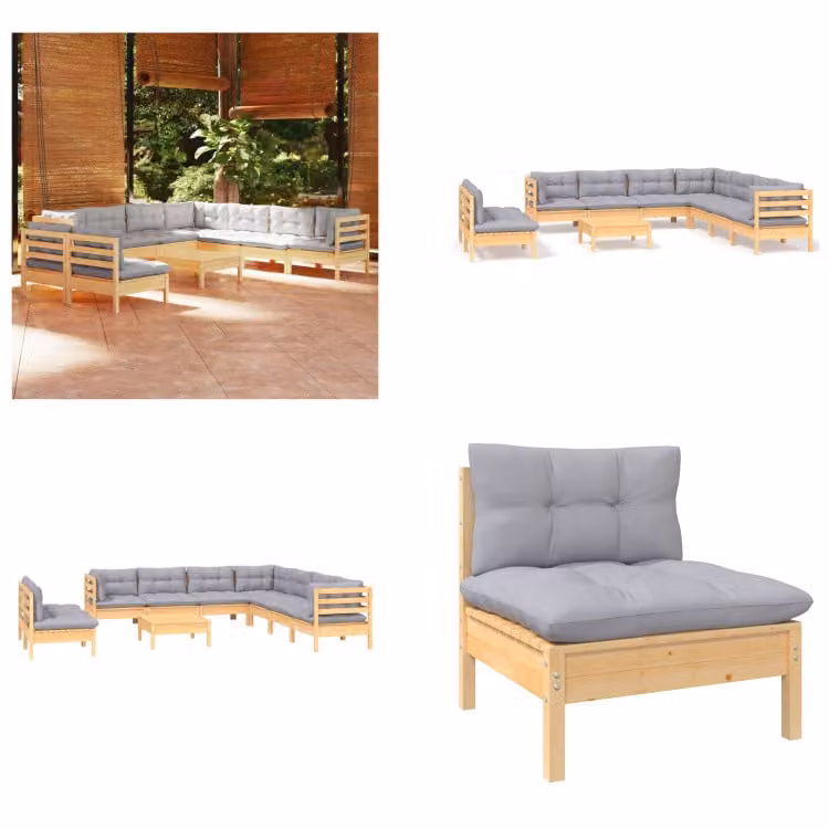 vidaXL Set salotto da giardino 10 pezzi con cuscini grigi in pino massiccio - Set salotto da giardino - Set salotto da giardino - Set mobili da giardino - Set mobili da giardino