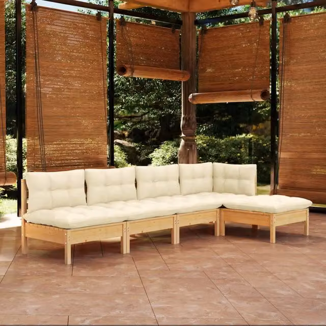 Set Divani da Giardino 5 pz con Cuscini Crema Massello di Pino 3096334