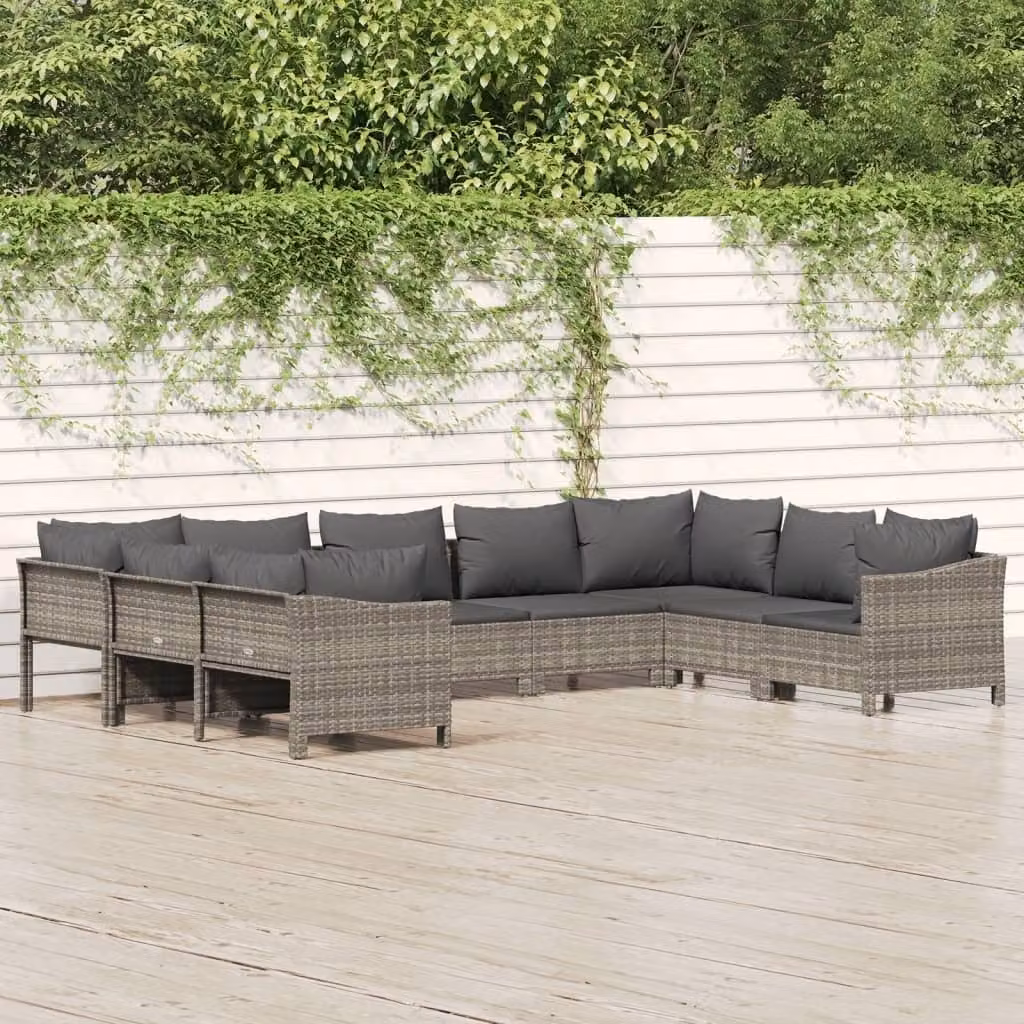 The Living Store Set da 9 pezzi per salotto da giardino con cuscini in poly rattan grigio