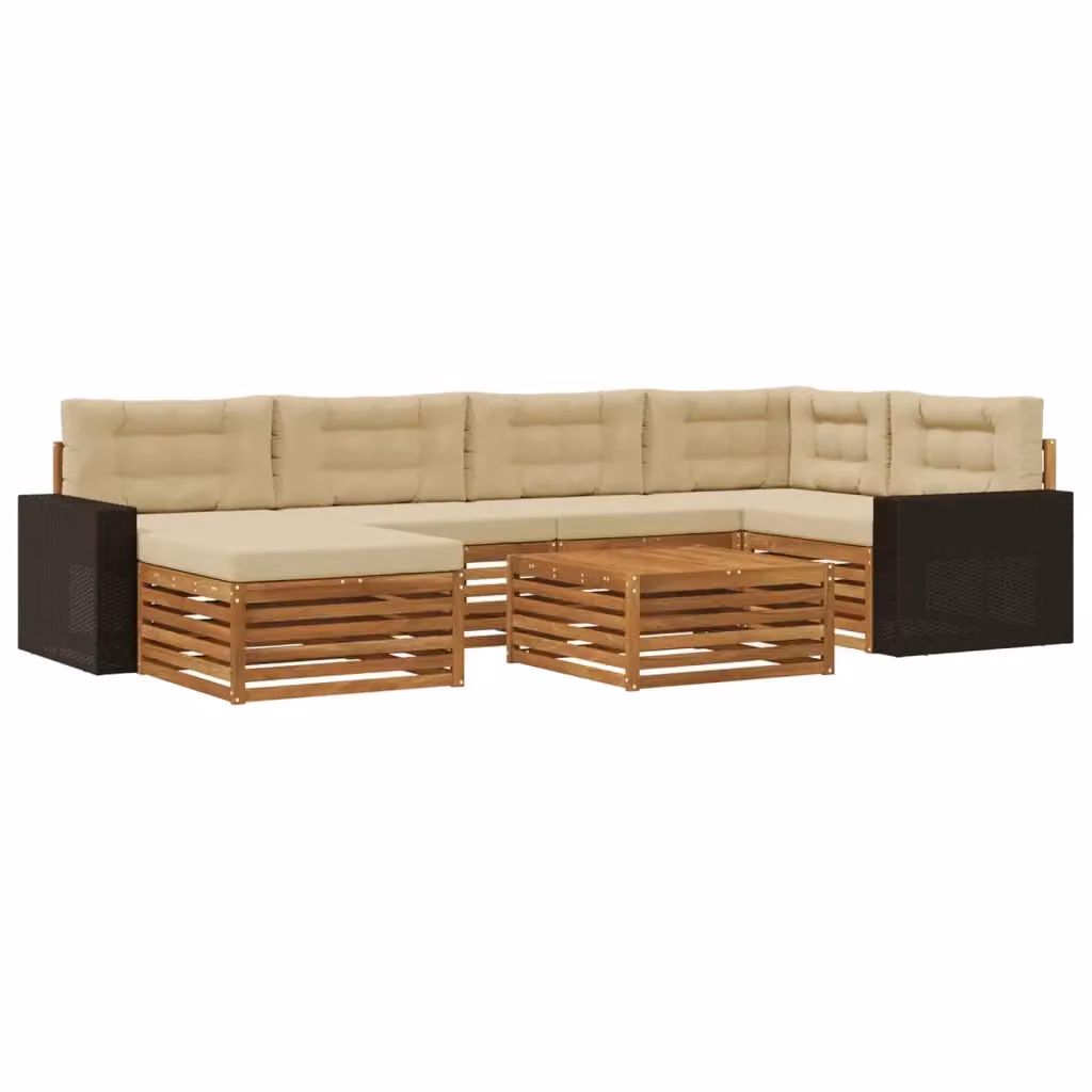 Set di divani da esterno a L vidaXL in legno di acacia con pouf e tavolino, 7 pezzi, Beige – 2