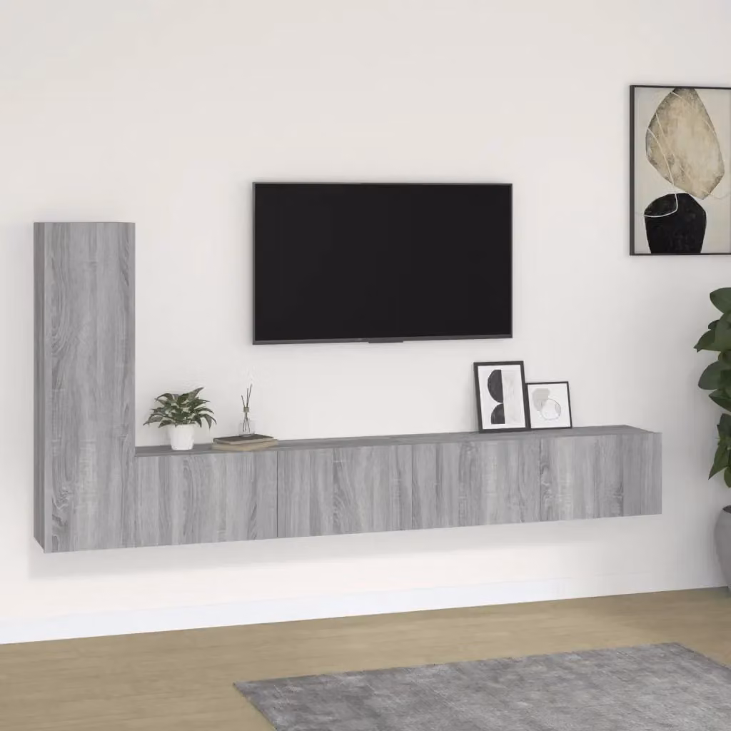 Set di mobili porta TV moderno in legno multistrato grigio per soggiorno, composto da 3 pezzi con design a parete