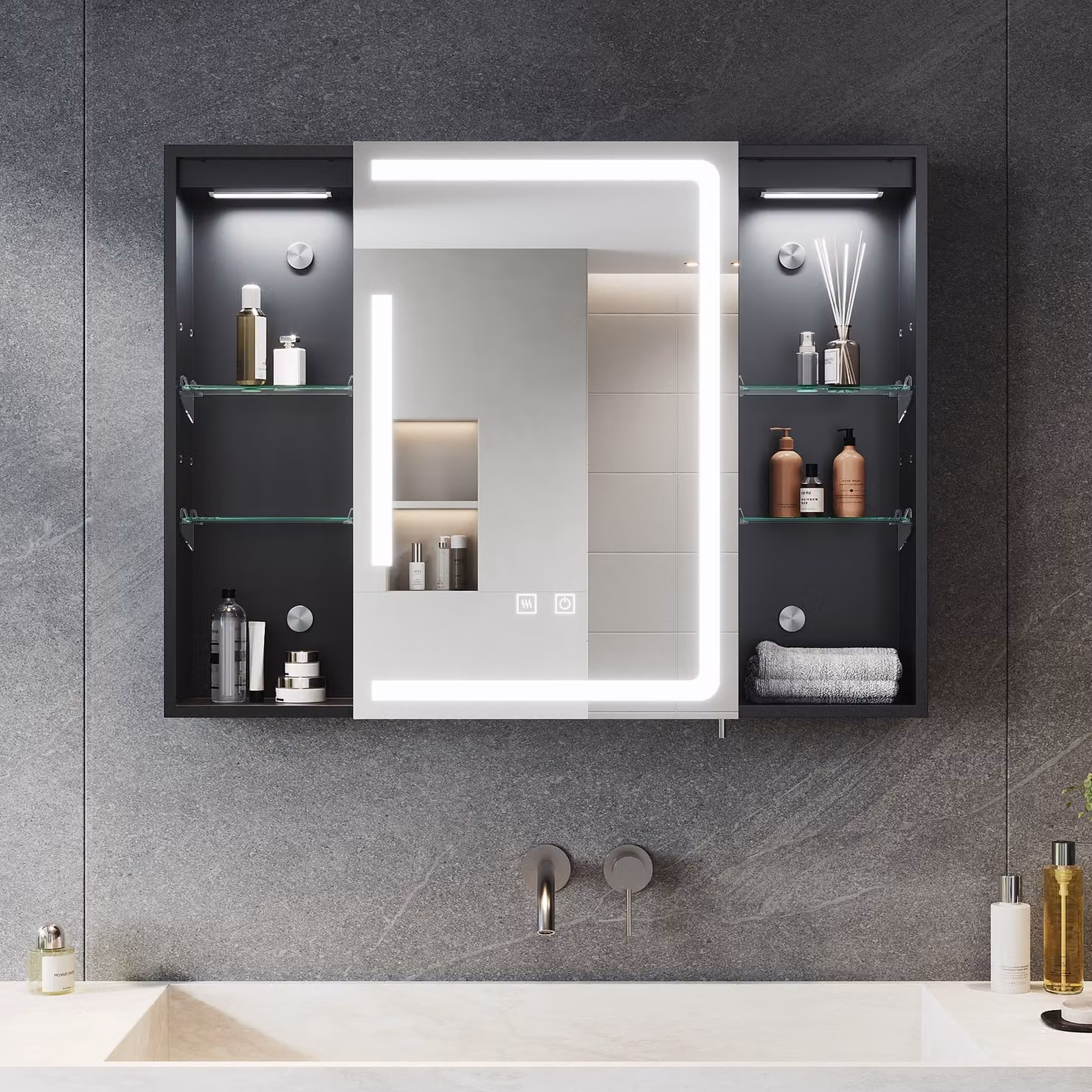 SONNI Armadio a specchio a un'anta 80x60x13cm con doppio interruttore a sfioramento Luce e buio regolabili Tre temperature di colore con funzione antiappannamento