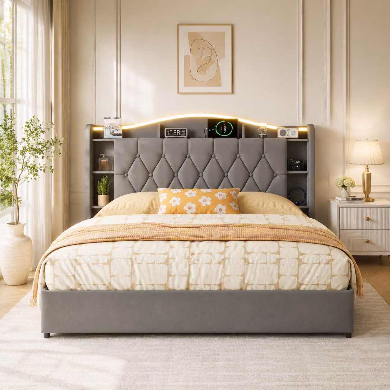 Letto imbottito INONEFT, 140x200 cm, con illuminazione LED, porte USB di tipo C e tradizionali, letto con sistema di sollevamento idraulico e 7 vani portaoggetti integrati nella testiera, rivestito in velluto, colore grigio