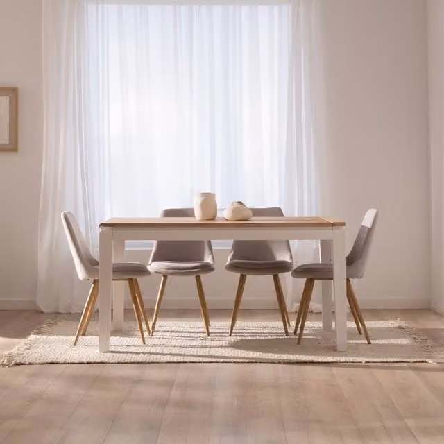 Set tavolo estensibile Banak con 4 sedie imbottite in stile moderno per sala da pranzo, disponibile nei colori bianco, beige e sabbia