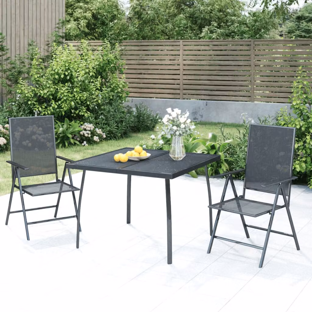 Set da Pranzo da Giardino vidaXL in Acciaio Antracite Opaco, 3 Pezzi con Tavolo Quadrato Pieghevole