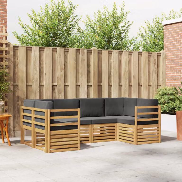 vidaXL Set di divani da esterno a forma di L composto da 6 pezzi in legno di acacia, colori bianco, antracite e marrone con cuscini inclusi