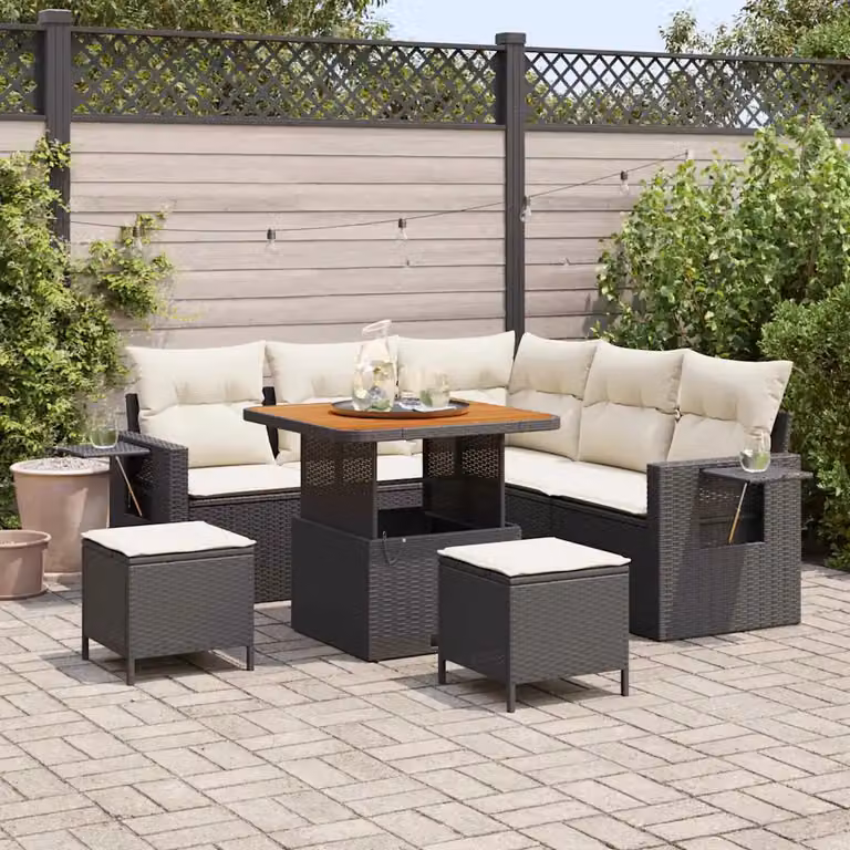 Set Divano da Giardino vidaXL 8 Pezzi in Polyrattan Nero con Cuscini e Tavolino