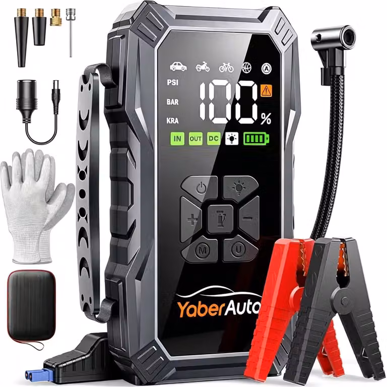 Avviatore di emergenza con compressore d'aria - Corrente di avviamento: 6000 Ampere - Batteria agli ioni di litio da 12 Volt - Compressore da 150 PSI - Power bank e luce di emergenza