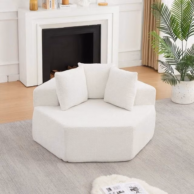 Poltrona singola esagonale Minimal con rivestimento in chenille beige e bianco design moderno modulare