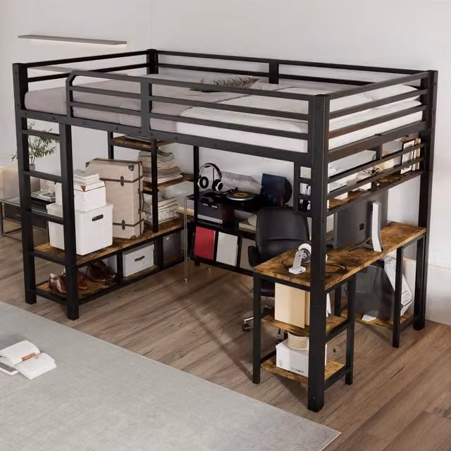 Letto a soppalco 120x200 con scrivania in ferro e truciolare nero e noce scuro