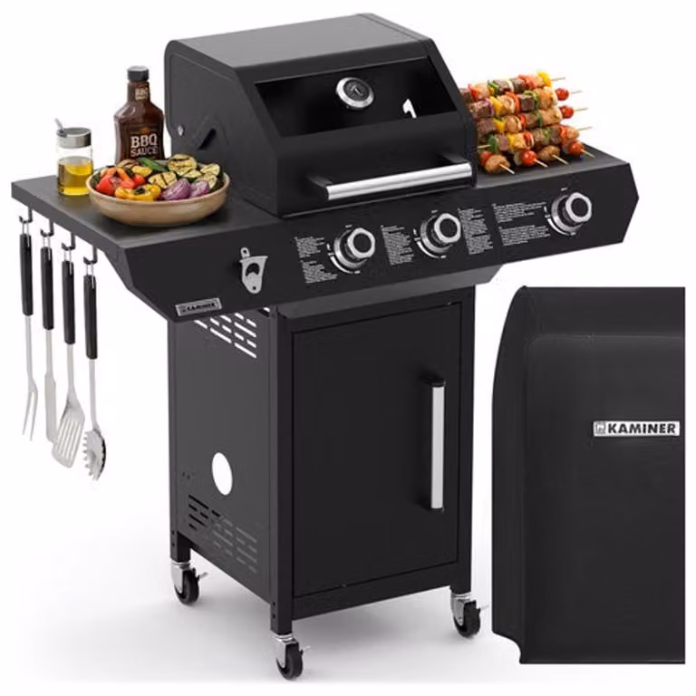 Griglia a gas da 10 kW, nera, in acciaio inox, con girarrosto.