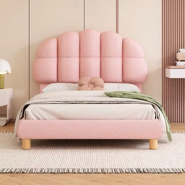 Letto Singolo per Bambini OKWISH in Velluto Rosa con Testiera Imbottita e 12 Doghe, L/P/H: 90 x 200 x 103 cm