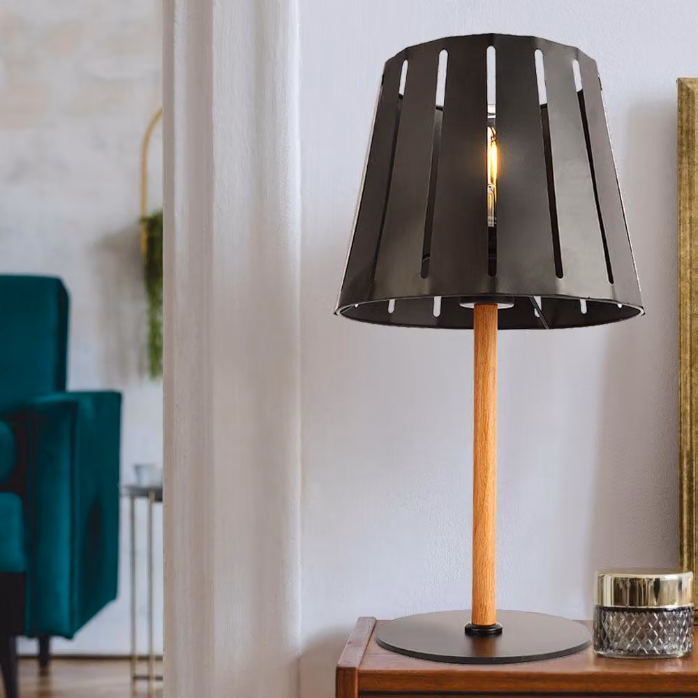 Lampada da tavolo, finitura metallo effetto legno, colore nero, altezza 45 cm