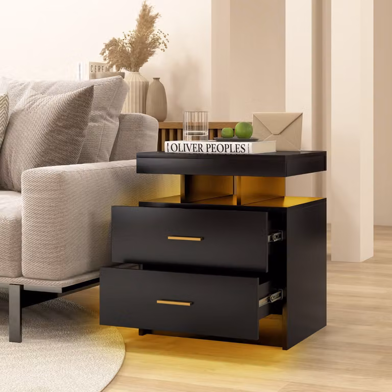 Comodino moderno Costway con illuminazione LED regolabile e telecomando, 2 cassetti, Nero