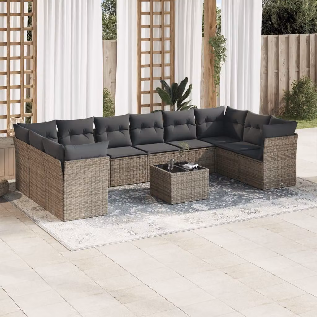 vidaXL Set Divani da Giardino 11 pz in Polyrattan Grigio con Cuscini e Tavolino da Esterno – 1