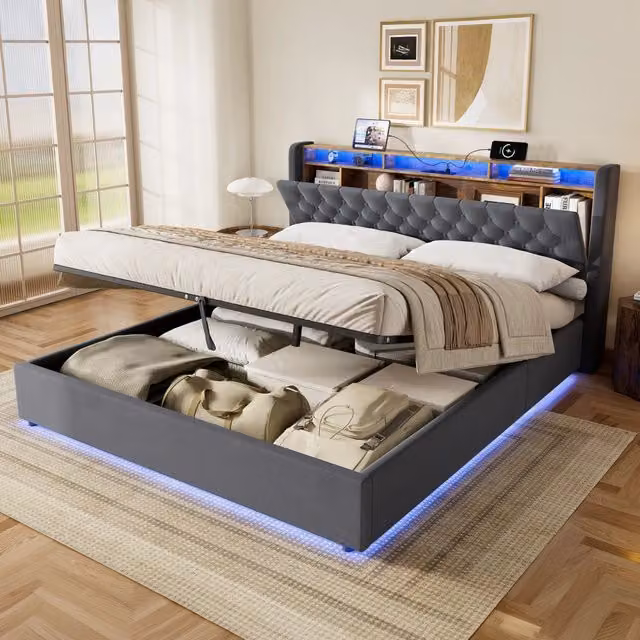 Letto contenitore 180x200 cm con testiera ribaltabile; spazio di archiviazione integrato; velluto grigio scuro