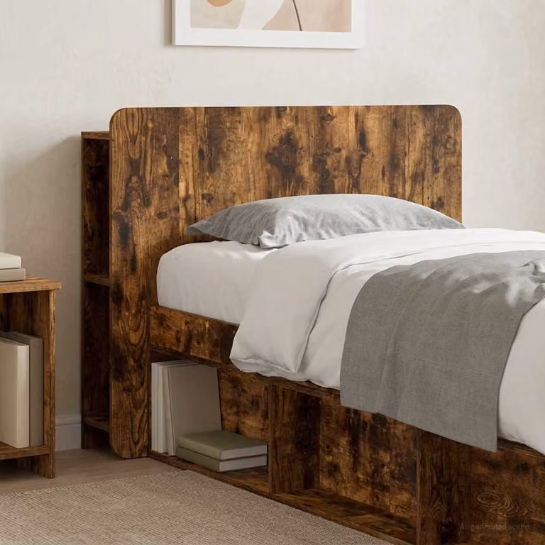 Testata del letto moderna vidaXL in legno ingegnerizzato Rovere Fumo con ripiano integrato e scomparti laterali, L: 119,5 cm, H: 80,0 cm, P: 18,5 cm