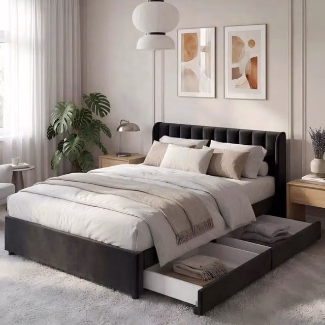 letto imbottito velluto nero 140 x 200 cm