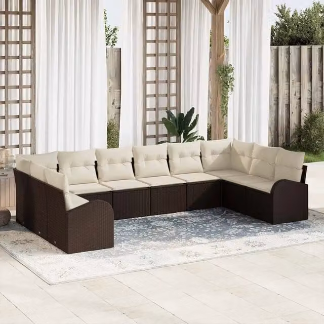 Set Divano da Giardino 10 pz Marrone e bianco polyrattan 3354887
