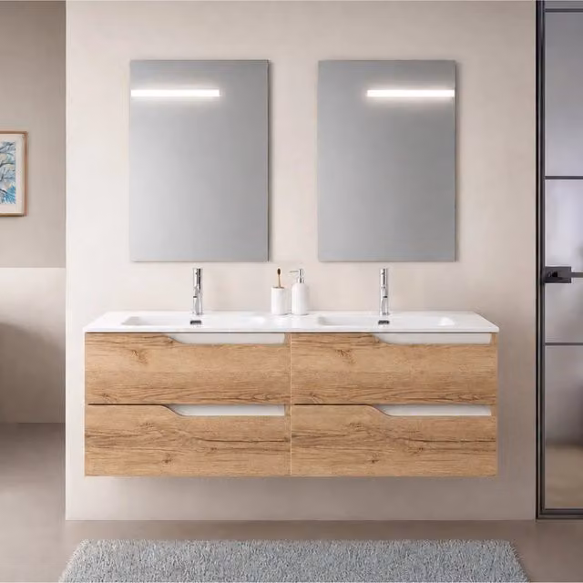 Mobile bagno sospeso 120 cm quercia e bianco due cassetti e doppia vasca Sumya