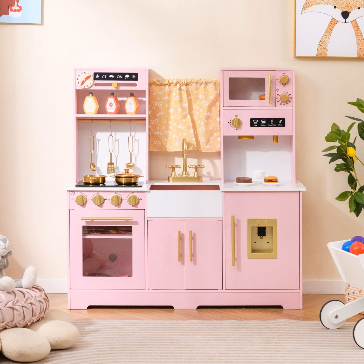 Cucina da gioco in legno Costway per bambini con accessori, colore rosa, L: 90 cm, P: 30 cm, H: 90 cm