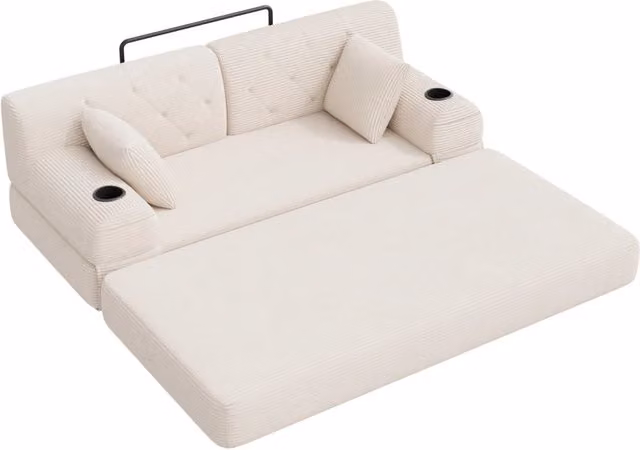 Divano letto 2 posti in velluto a coste beige con schienale alto, struttura in metallo e portabicchieri
