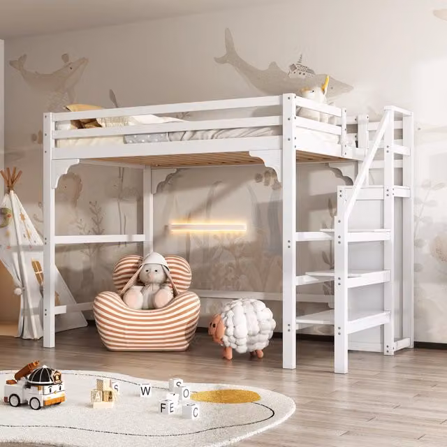 Letto a castello 140x200 cm - Zephmum - Con scala, guardaroba e spazio di archiviazione, bianco