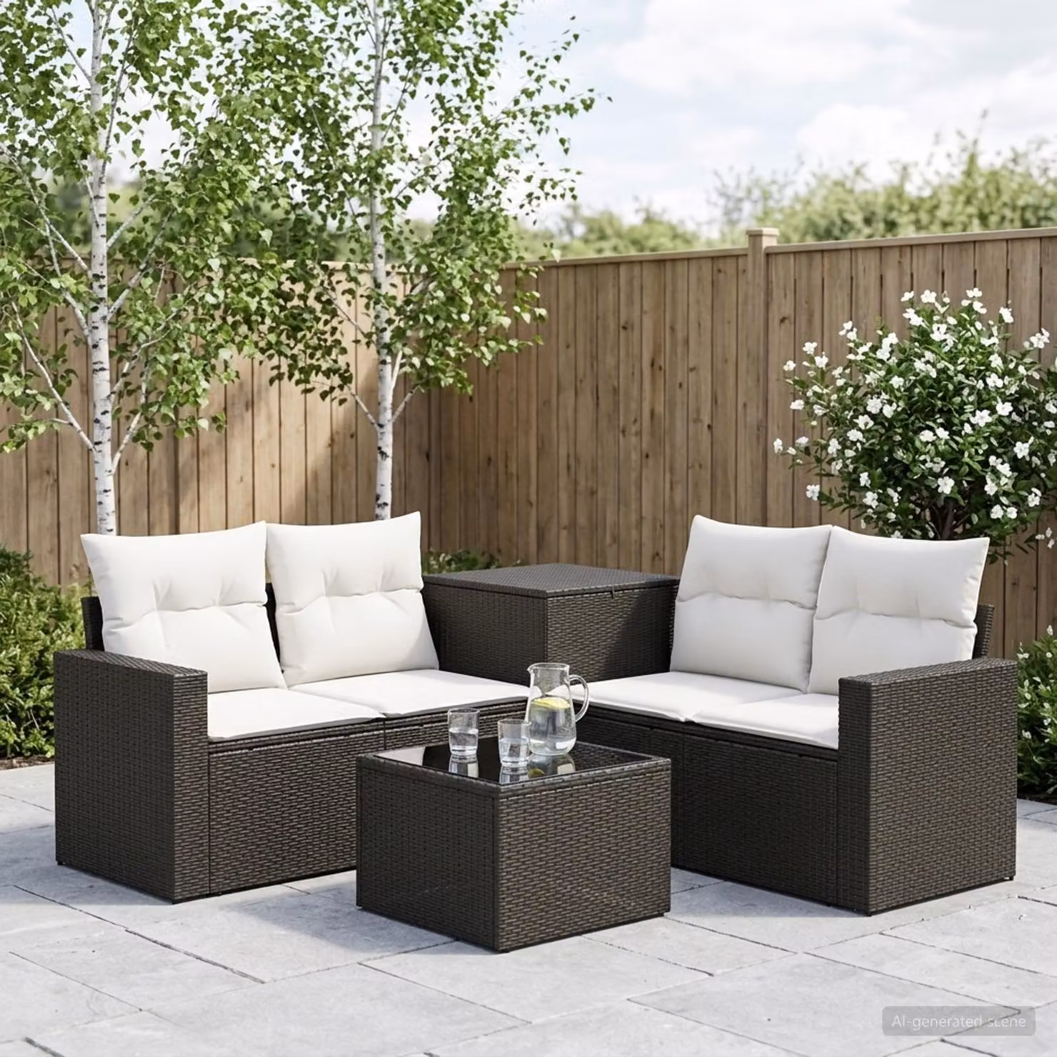 Set di divani da giardino vidaXL in polyrattan nero e bianco con cuscini e tavolino da caffè