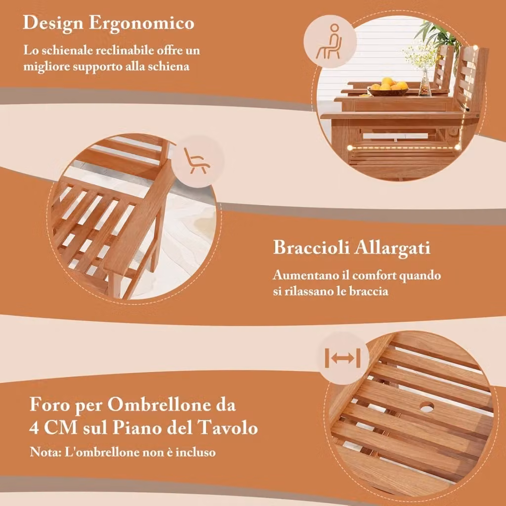 Set da Giardino Bistro Costway in Legno Marrone con Tavolo e 2 Sedie per Terrazza e Balcone – 2