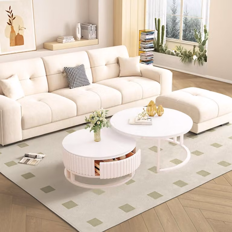 Set di tavolini da caffè rotondi, bianchi, 2 pezzi, effetto marmo, con spazio contenitivo, dimensioni 50+70 cm