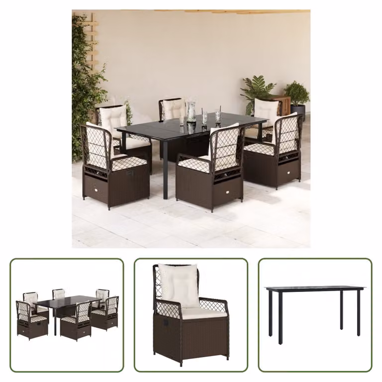 The Living Store Set da pranzo da giardino 7 pezzi con cuscini in polirattan marrone
