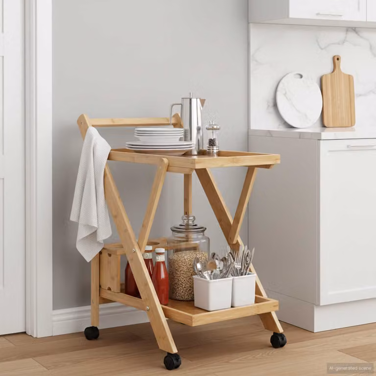 vidaXL Carrello da Cucina in Bambù Marrone Chiaro con Ruote L/P/H: 65 x 40,5 x 76,5 cm