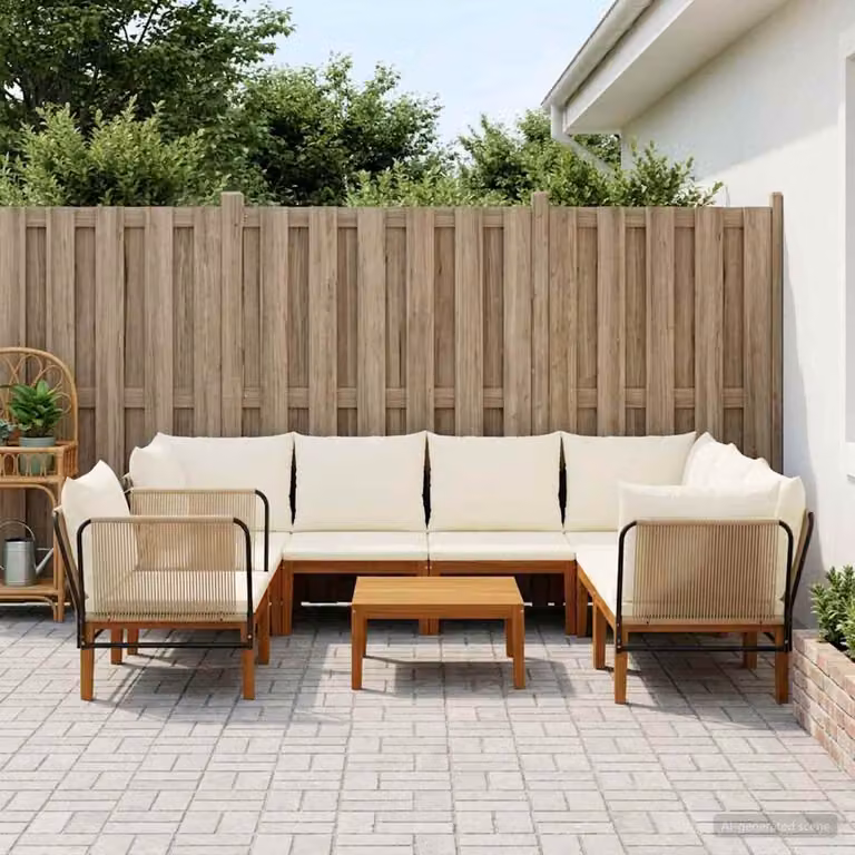 Set da giardino moderno vidaXL in 7 pezzi in legno massiccio di acacia e corda, Colore Naturale