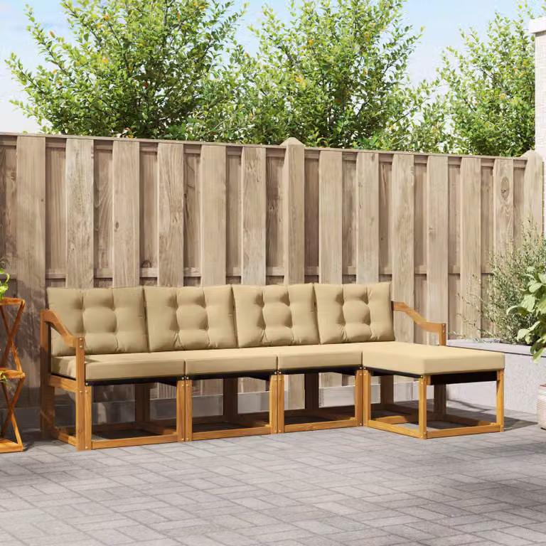Set di divani da esterno vidaXL a forma di L con pouf, in legno di acacia trattato e tessuto textilene, colore beige e marrone