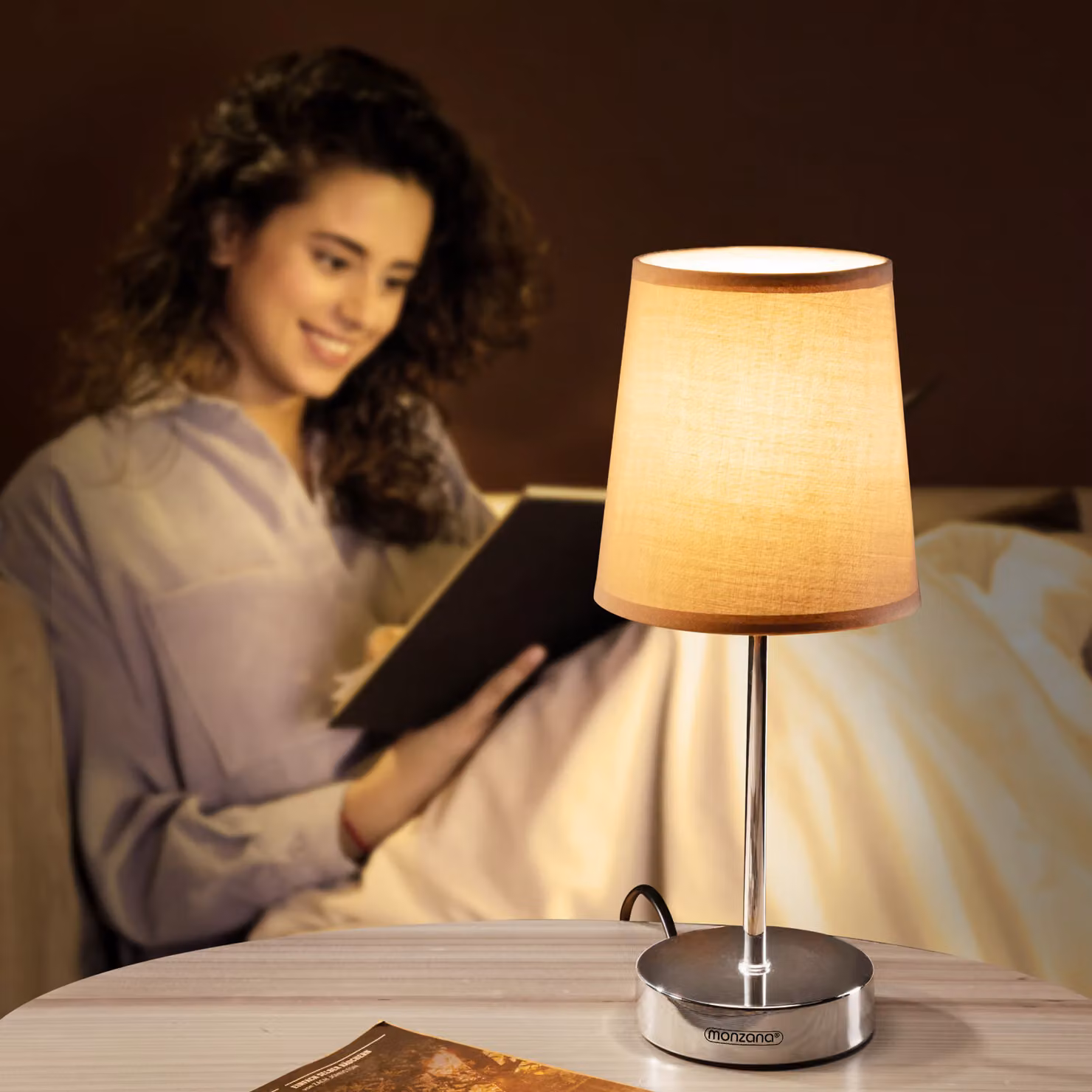 Set di 2 lampade da tavolo Monzana in metallo e tessuto beige, H 32 cm x L 13 cm x P 13 cm – 3