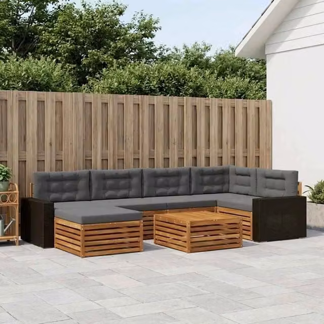 Set di divani da esterno a L con tavolo e pouf vidaXL, 7 pezzi, in legno di acacia naturale e antracite