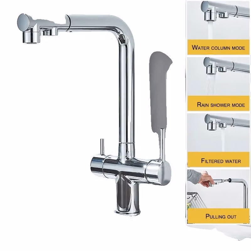 Rubinetto da cucina estraibile, doppia maniglia, molteplici modalità d'acqua, cromo