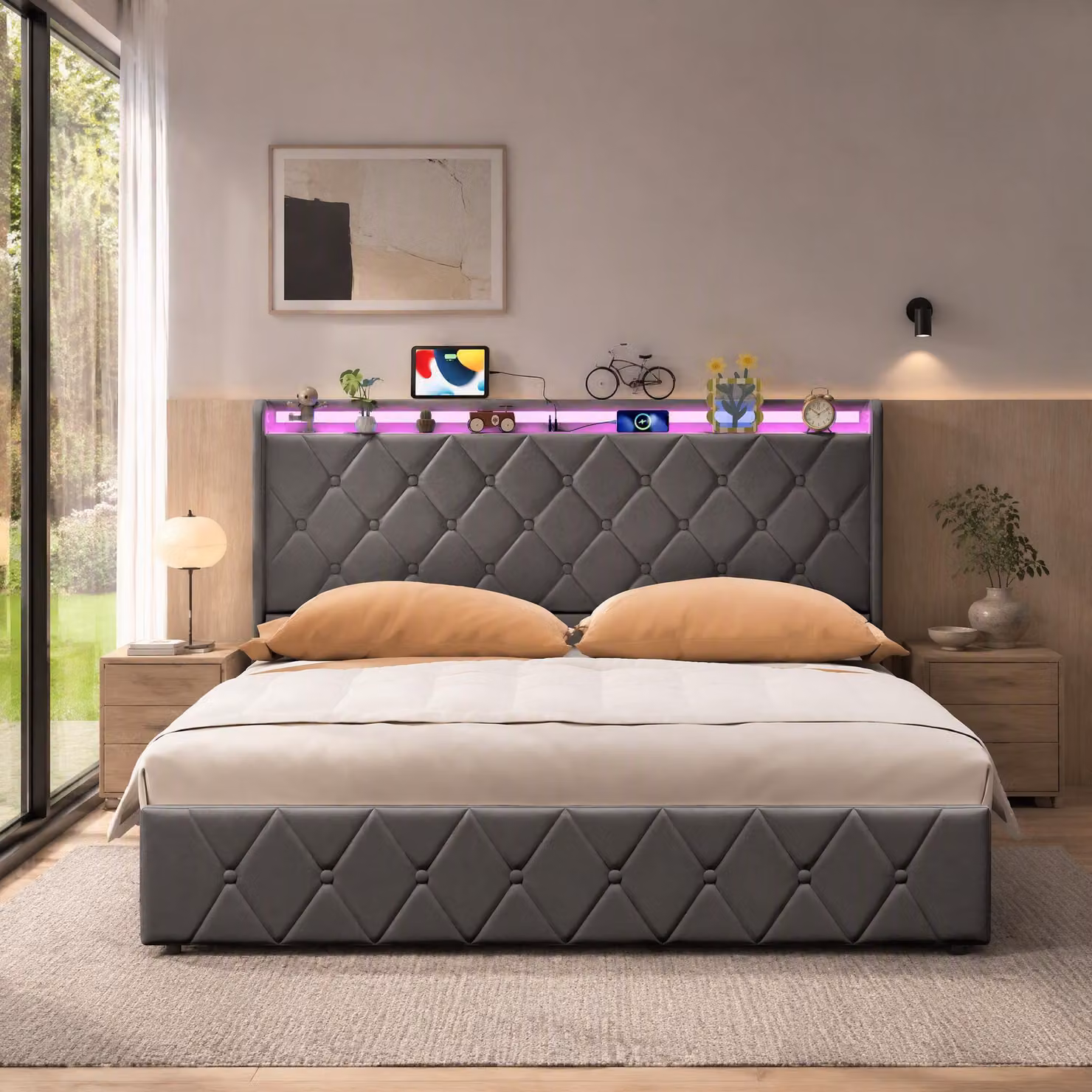 Letto imbottito INONEFT, 160x200 cm, con contenitore, letto per ragazzi con LED e prese di corrente, letto matrimoniale con rete a doghe e spazio contenitivo nella testiera, rivestito in velluto, colore grigio scuro