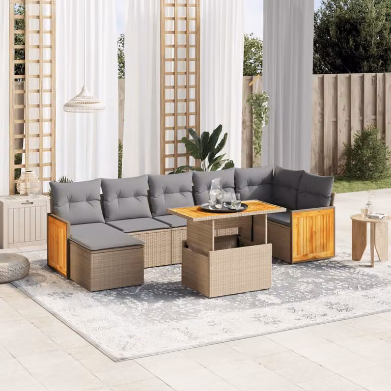 vidaXL Set Divano da Giardino 8 pz Moderno con Cuscini Beige e Tavolino da Caffè in Polyrattan e Acciaio