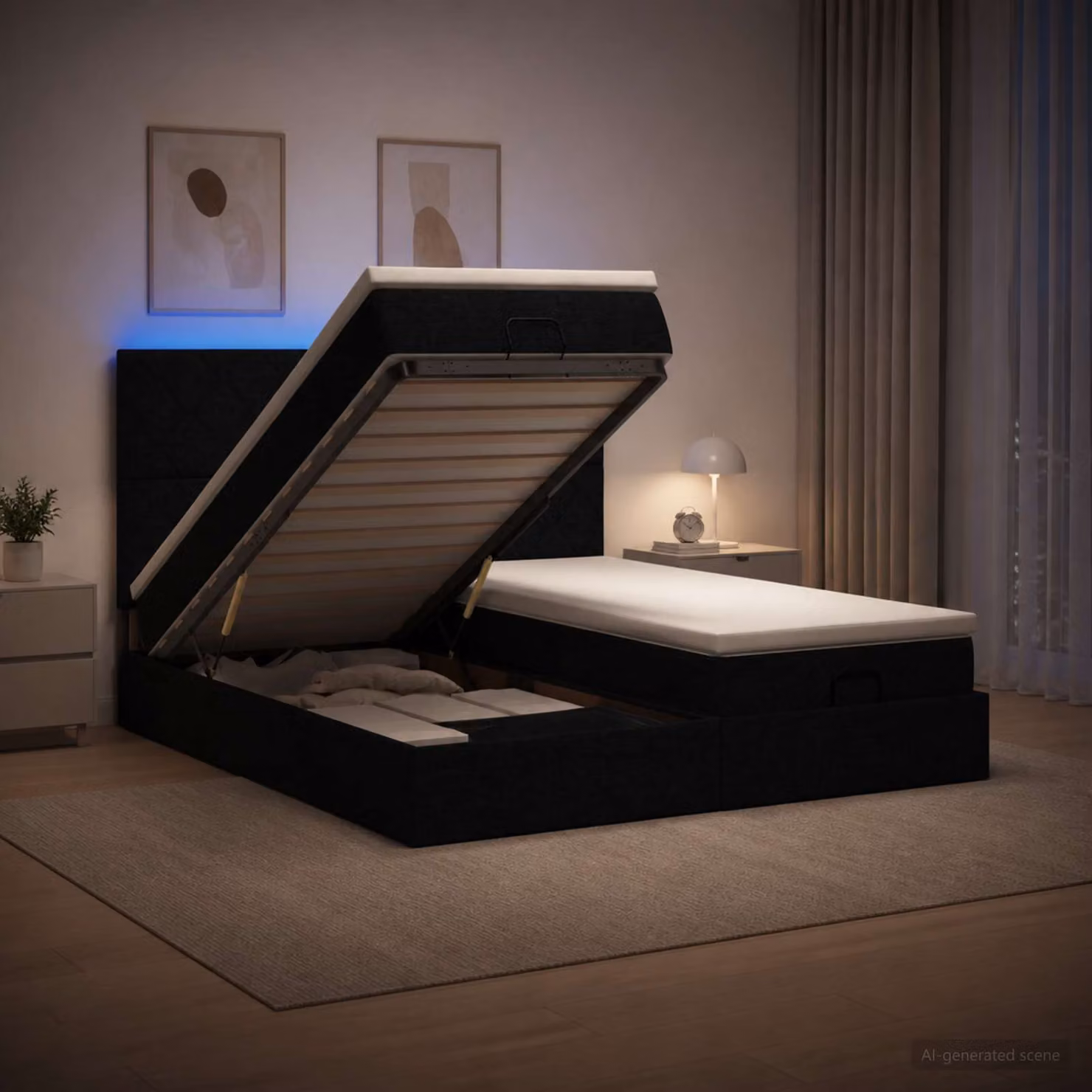 Letto Ottomano vidaXL con Materasso Ibrido, Illuminazione LED e Porte USB, Colore Nero, L/P/H: 203 x 160 x 88 cm