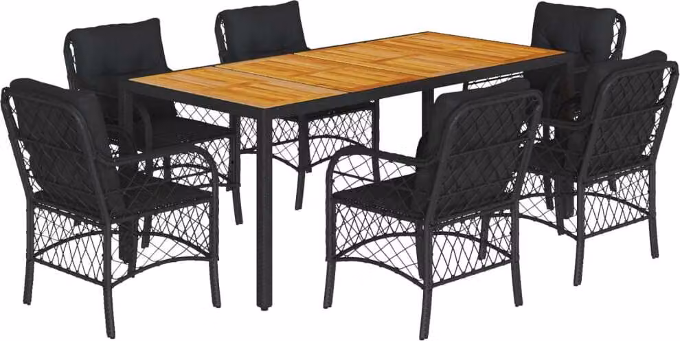 Set da Pranzo da Giardino 7 pz Nero con Cuscini in Polyrattan