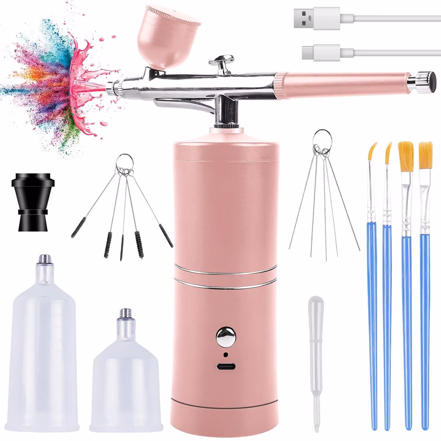 Kit per aerografo, senza fili, ugello da 0,3 mm, 2 livelli di pressione, colore rosa