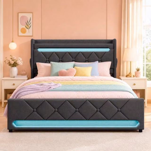 Letto matrimoniale imbottito ULEVR 180x200 cm con contenitore idraulico, LED 360¡ã, USB e Type-C, grigio