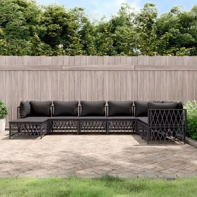 Set Salotto da Giardino vidaXL a Forma di L con 8 Pezzi, Struttura in Acciaio Verniciato a Polvere e Cuscini Antracite – 1