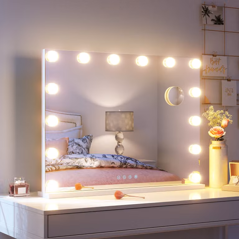 SONNI specchio per il trucco 80x62cm specchio per il trucco con luce a 3 colori, luminosità regolabile, con USB e Bluetooth, ingrandimento 10x, specchio da parete, bianco