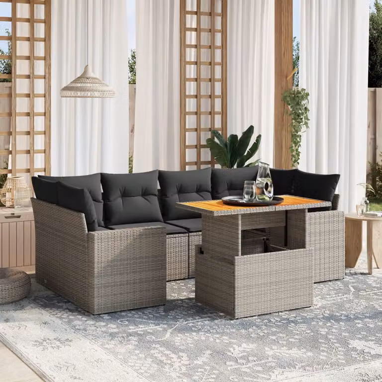 Set di divani da giardino vidaXL in 7 pezzi in polyrattan grigio con cuscini e tavolino coordinato