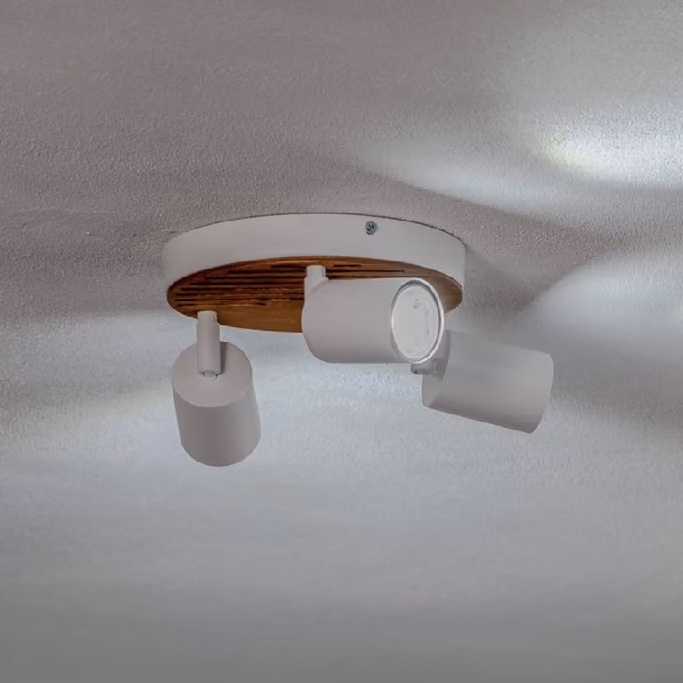 Faretto da soffitto Tino, bianco/legno, a 3 luci, rotondo, 22 cm Tino Luminex, dimmerabile, Bianco / Opale, Soggiorno / Sala da pranzo, Metallo, Faretto alogeno