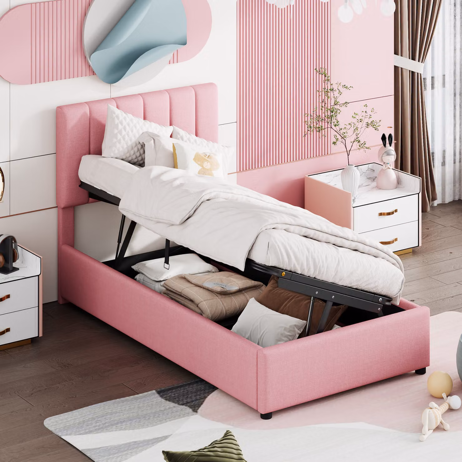 Letto imbottito Merax 90x200cm letto singolo a molle idrauliche con rete a doghe e contenitore, testiera regolabile in altezza, letto per ragazzi biancheria da letto in legno, rosa
